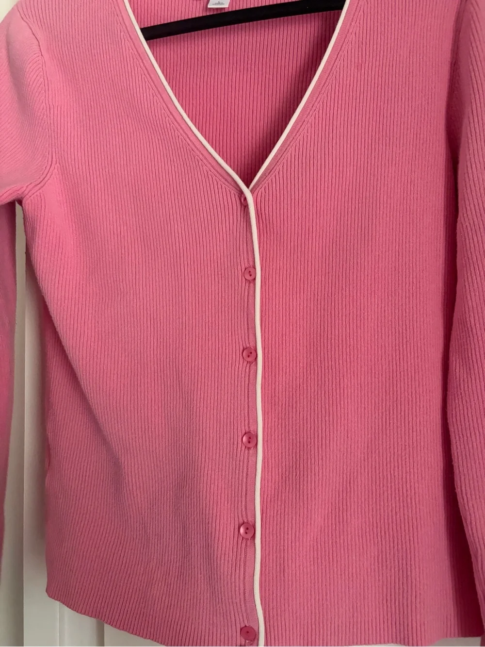 LOFT Pink Ribbed V-Neck Cardigan with white Trim - Picture 8 of 15